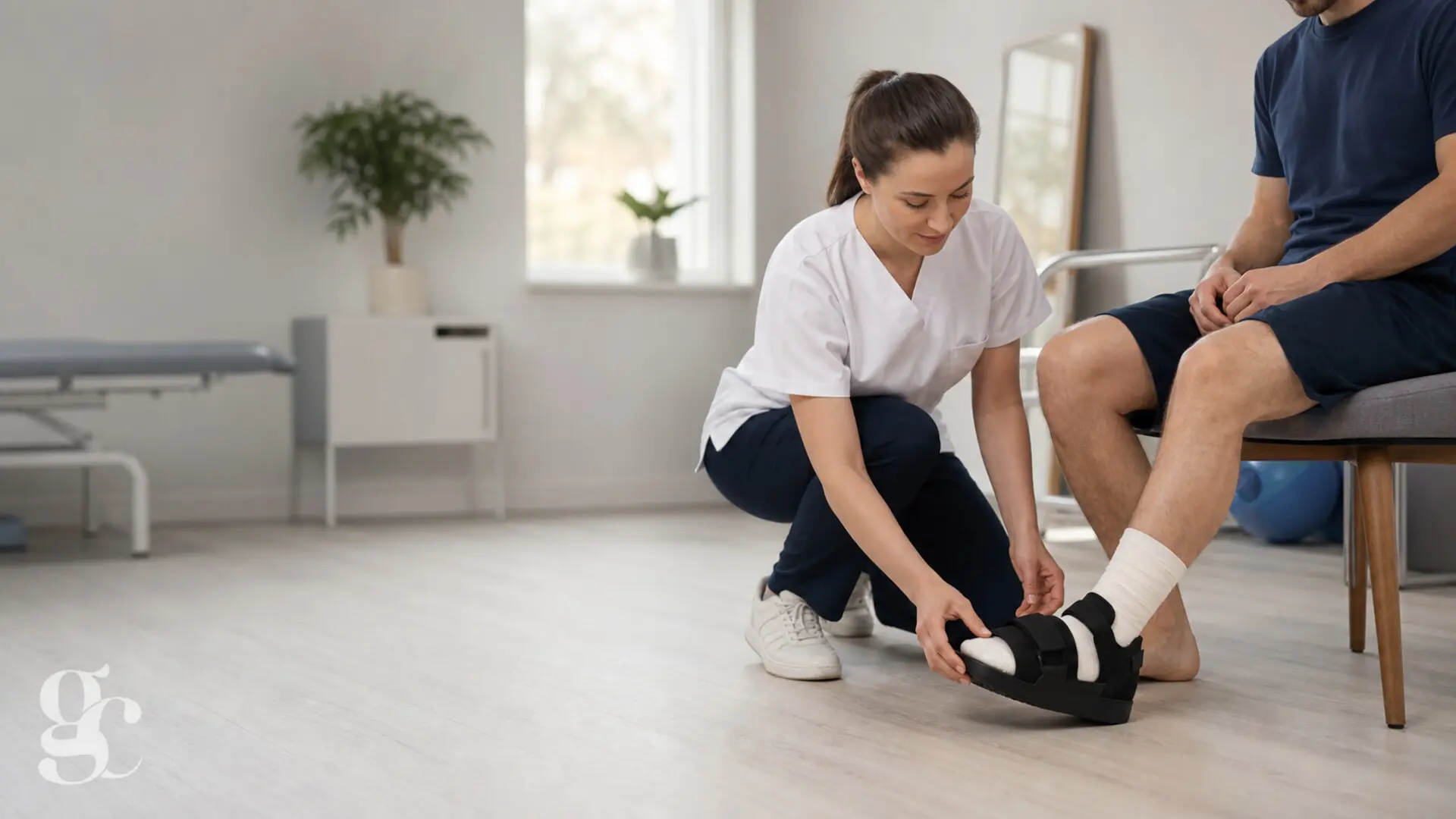 Une professionnelle vérifie l’ajustement d’une chaussure post-opératoire sur un pied bandé