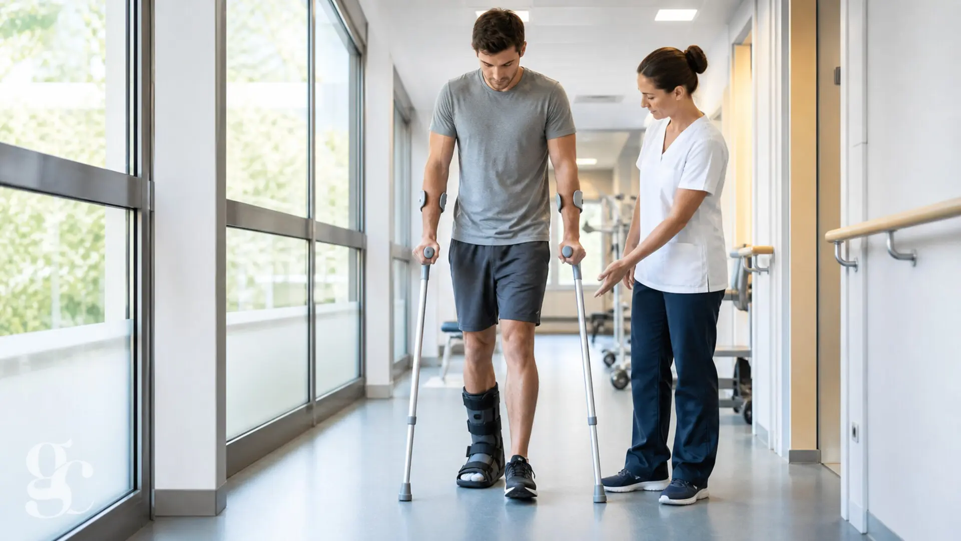 Une personne apprend à marcher avec des béquilles et une chaussure post-opératoire auprès d’une kinésithérapeute