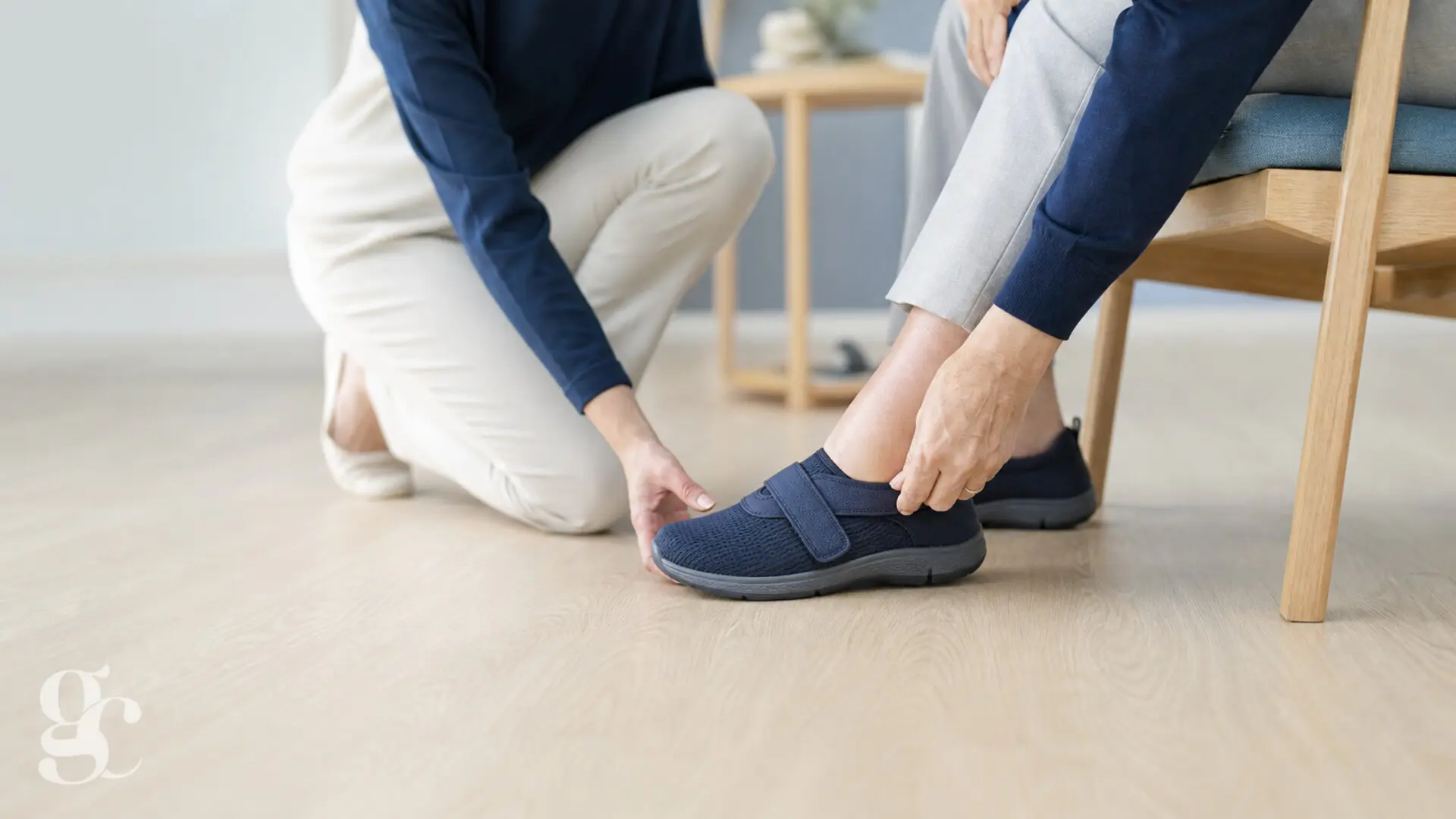 Une professionnelle vérifie l’ajustement d’une chaussure réglable sur un pied gonflé après une opération