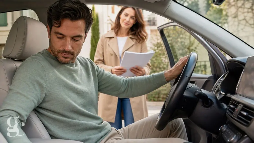 Un patient vérifie ses mouvements dans une voiture stationnée avant de reconduire après une opération