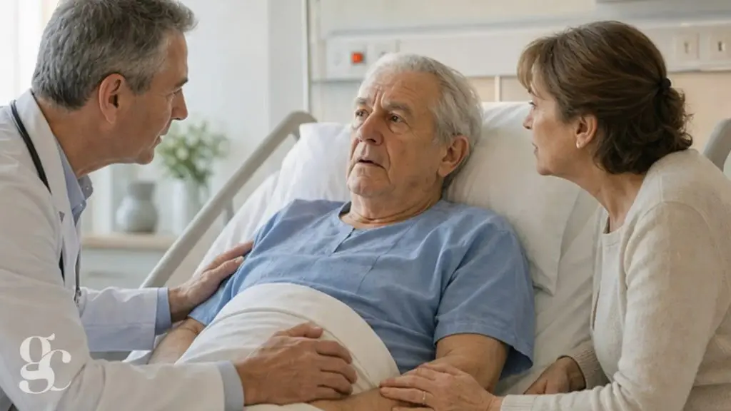 Une personne âgée est accompagnée par une professionnelle après une opération