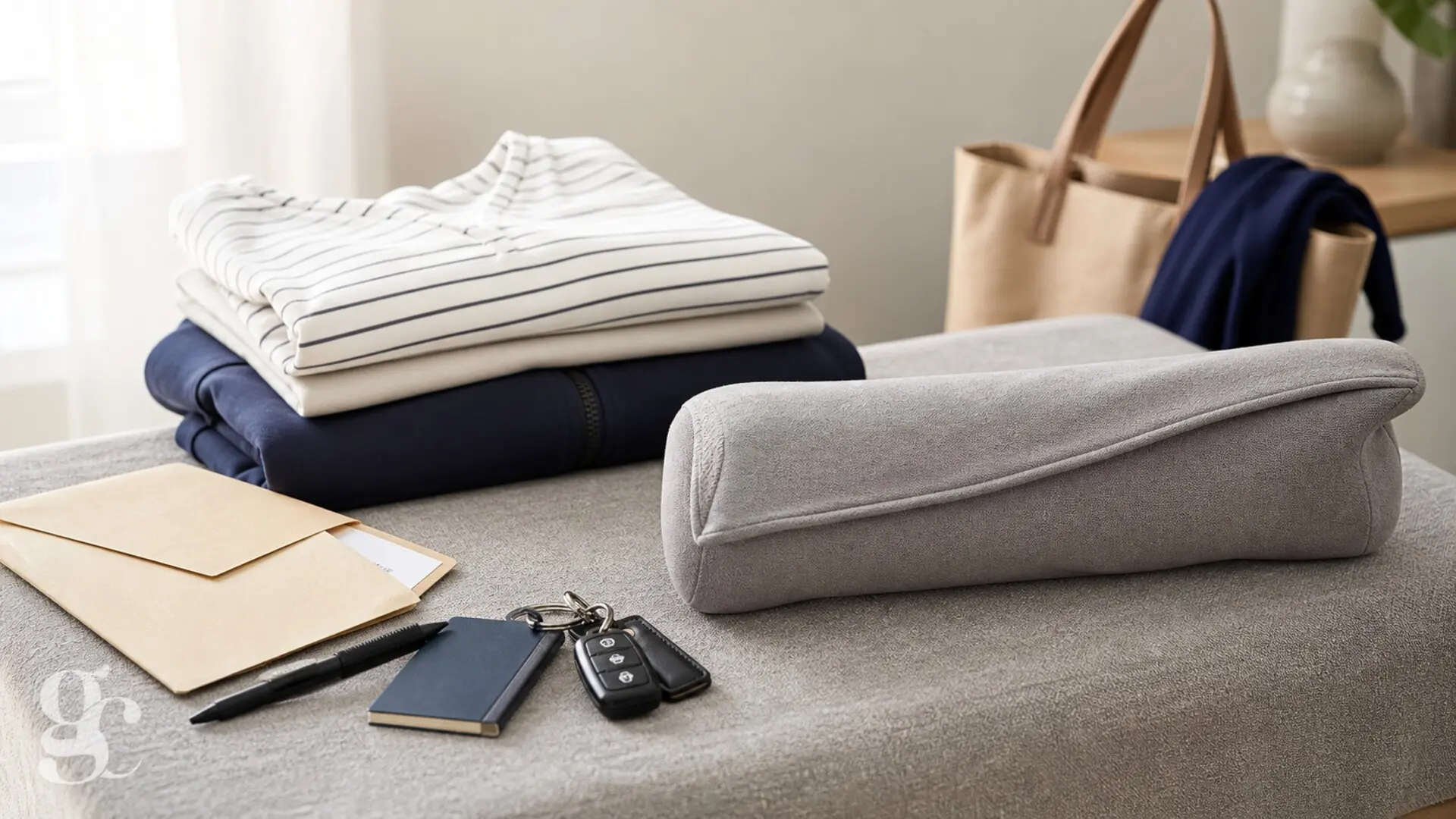 Un coussin de ceinture est préparé avec des vêtements et les affaires utiles avant un retour à domicile après chirurgie mammaire
