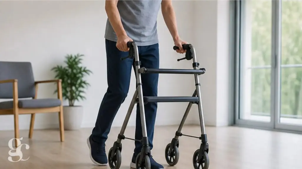 Une personne marche avec un déambulateur pendant sa convalescence après une opération