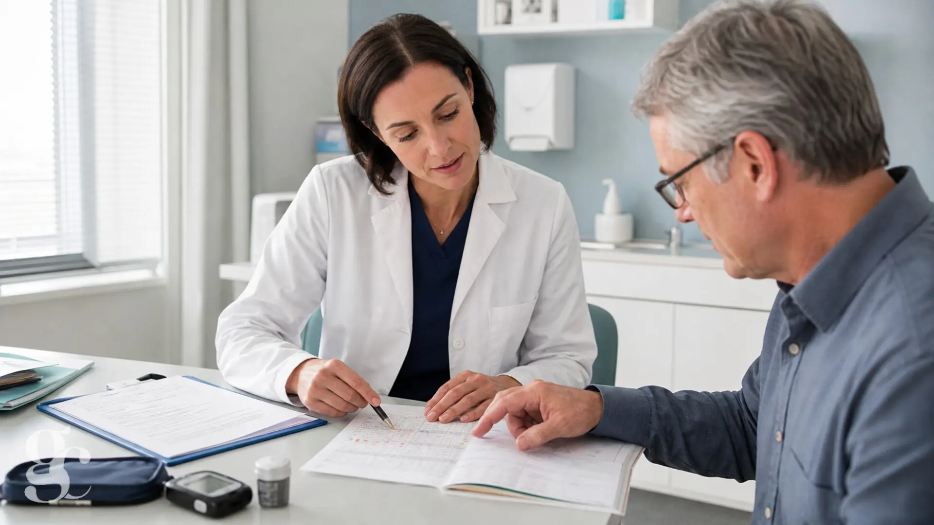 Une soignante et un patient relisent ensemble un plan écrit de préparation du diabète avant une opération