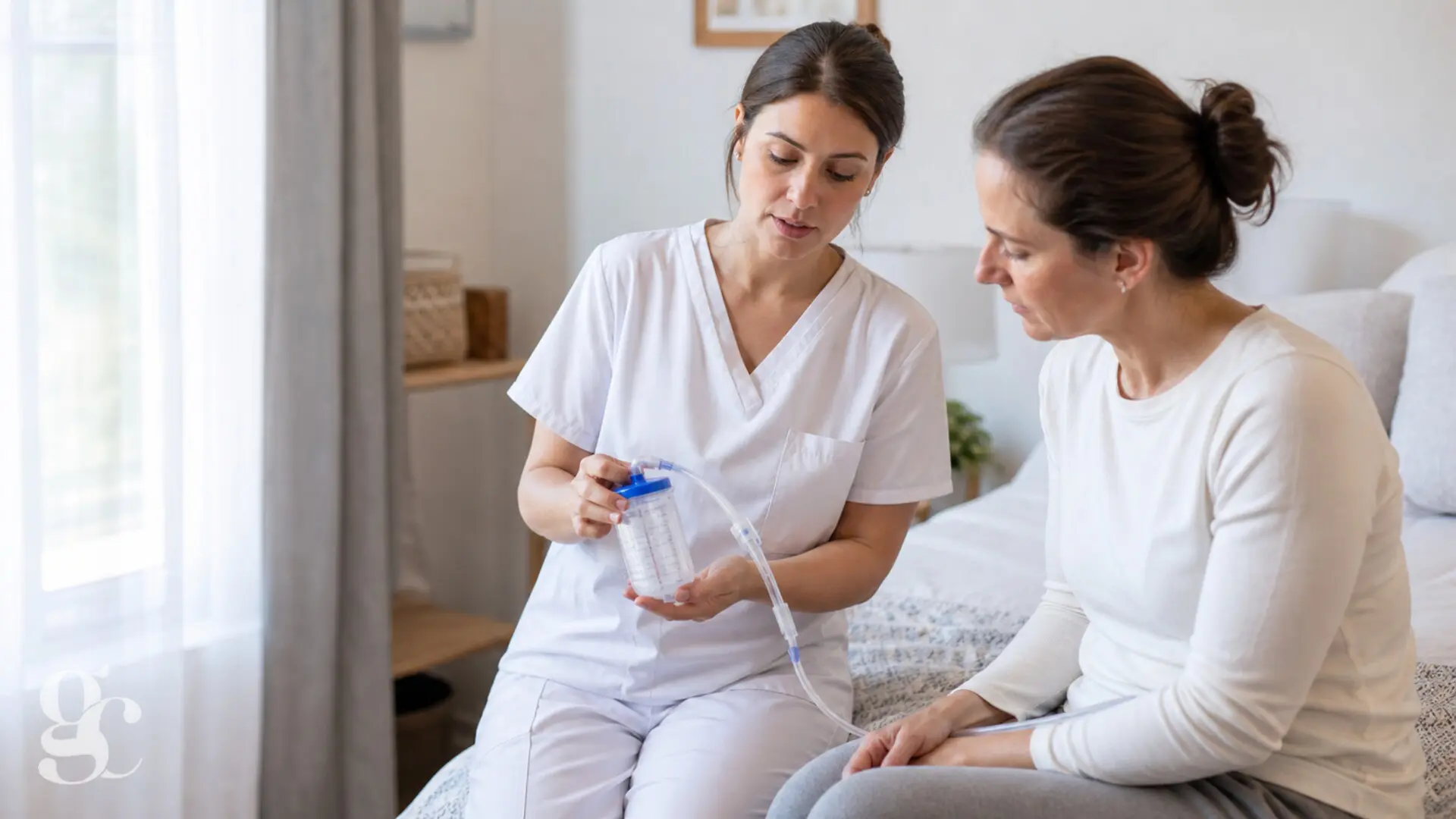 Une infirmière explique à une patiente comment observer un drain chirurgical à domicile