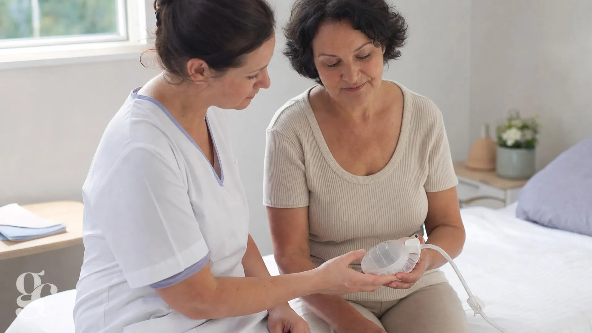 Une infirmière et une patiente observent ensemble le réservoir d’un drain chirurgical