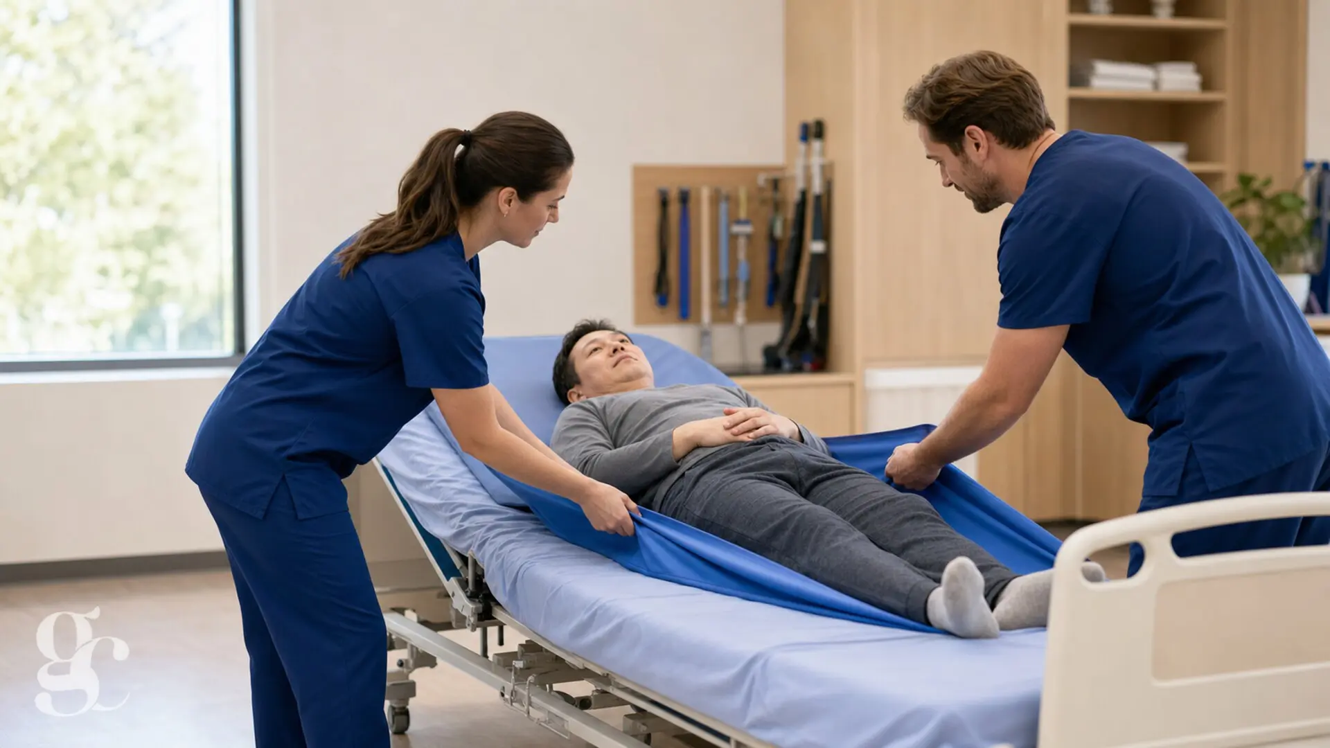 Deux soignants formés utilisent un drap de glisse pour repositionner une personne au lit