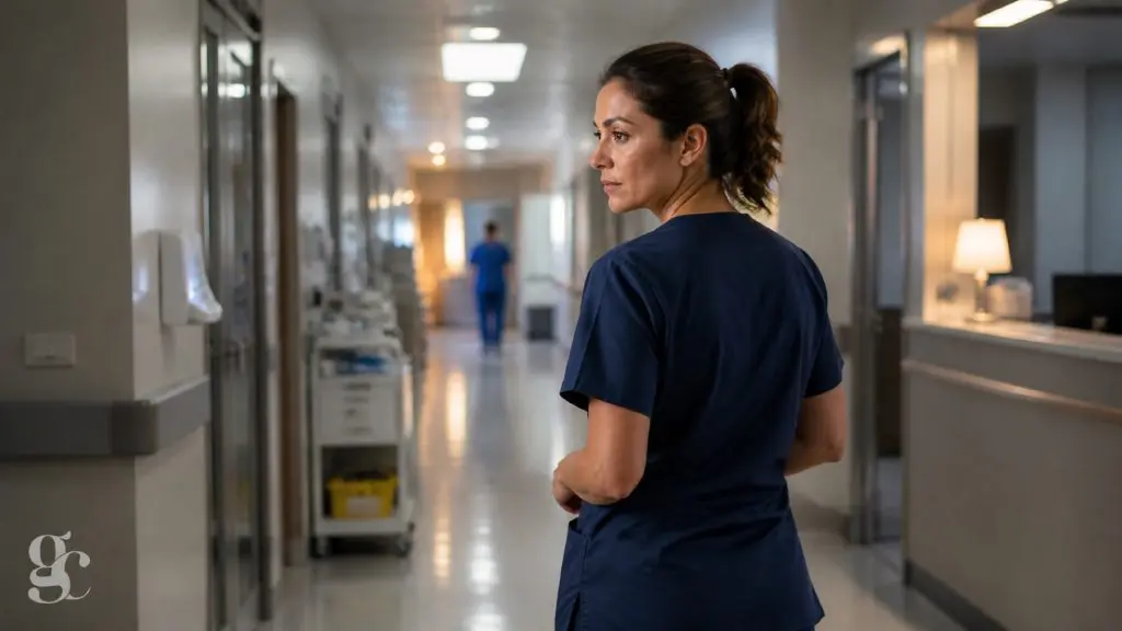 Infirmière en tenue bleu marine dans le couloir d’un service hospitalier en fin de garde