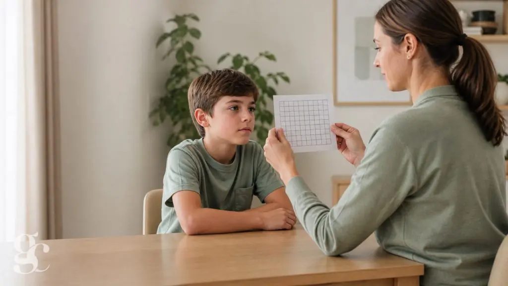 Une mère vérifie calmement la vision de son enfant avec une feuille quadrillée après l’éclipse