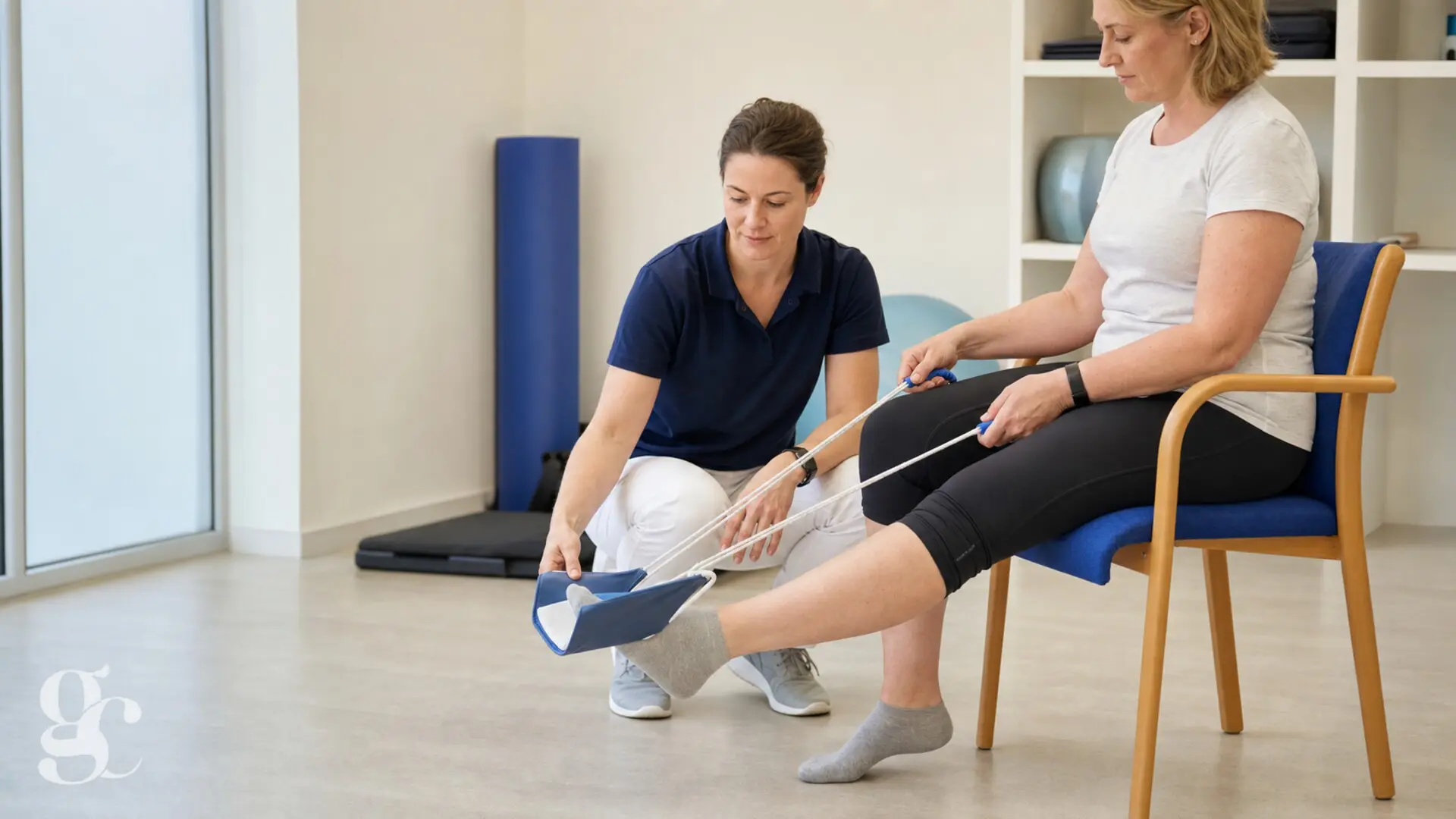 Une ergothérapeute montre l’usage d’un enfile-chaussettes à une patiente assise