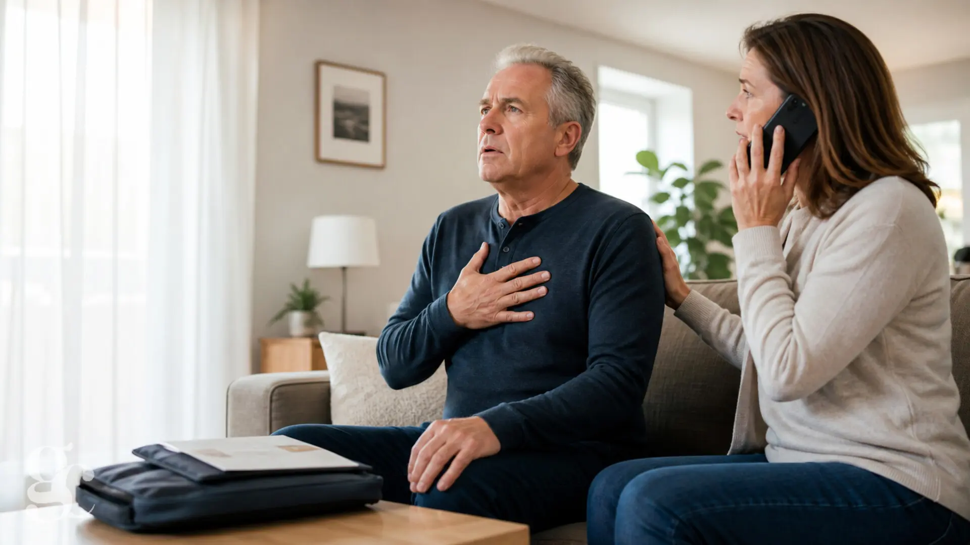 Um parente liga para o serviço de emergência porque um homem está sem fôlego e sentado após uma cirurgia.