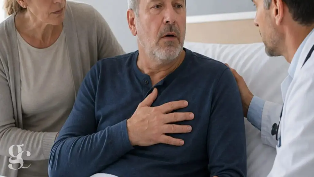 Uma pessoa descreve a falta de ar a um profissional após uma cirurgia.