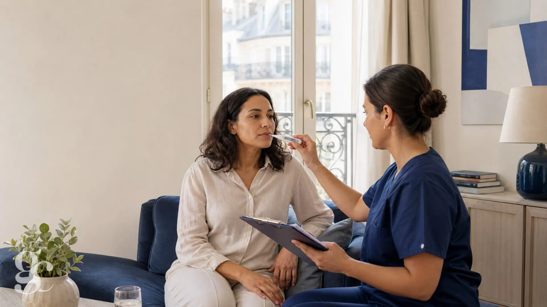 Une professionnelle mesure la température d’une patiente et prépare les informations à transmettre avant une opération
