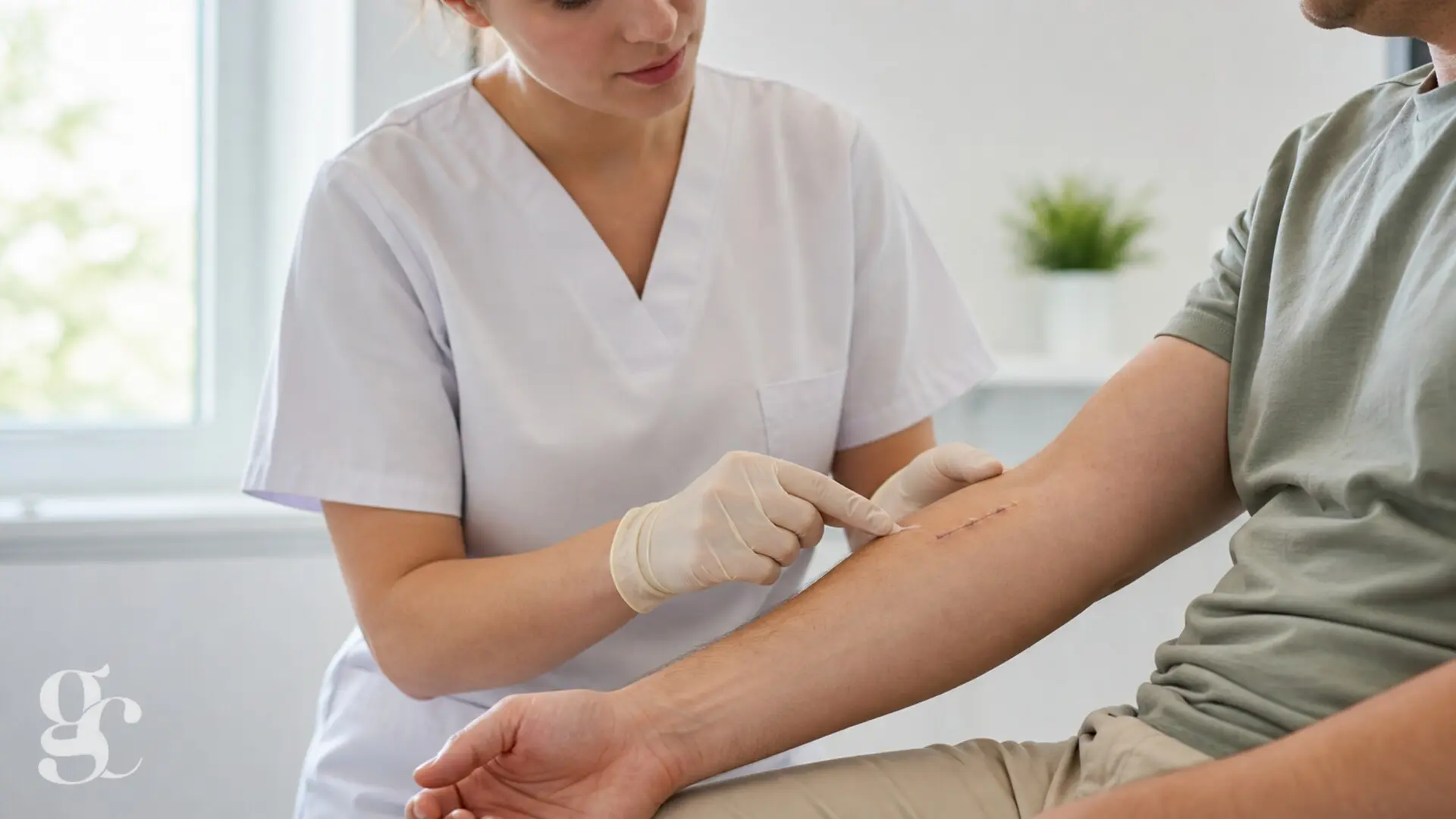 Une professionnelle de santé examine une cicatrice opératoire sans manipuler le fil visible
