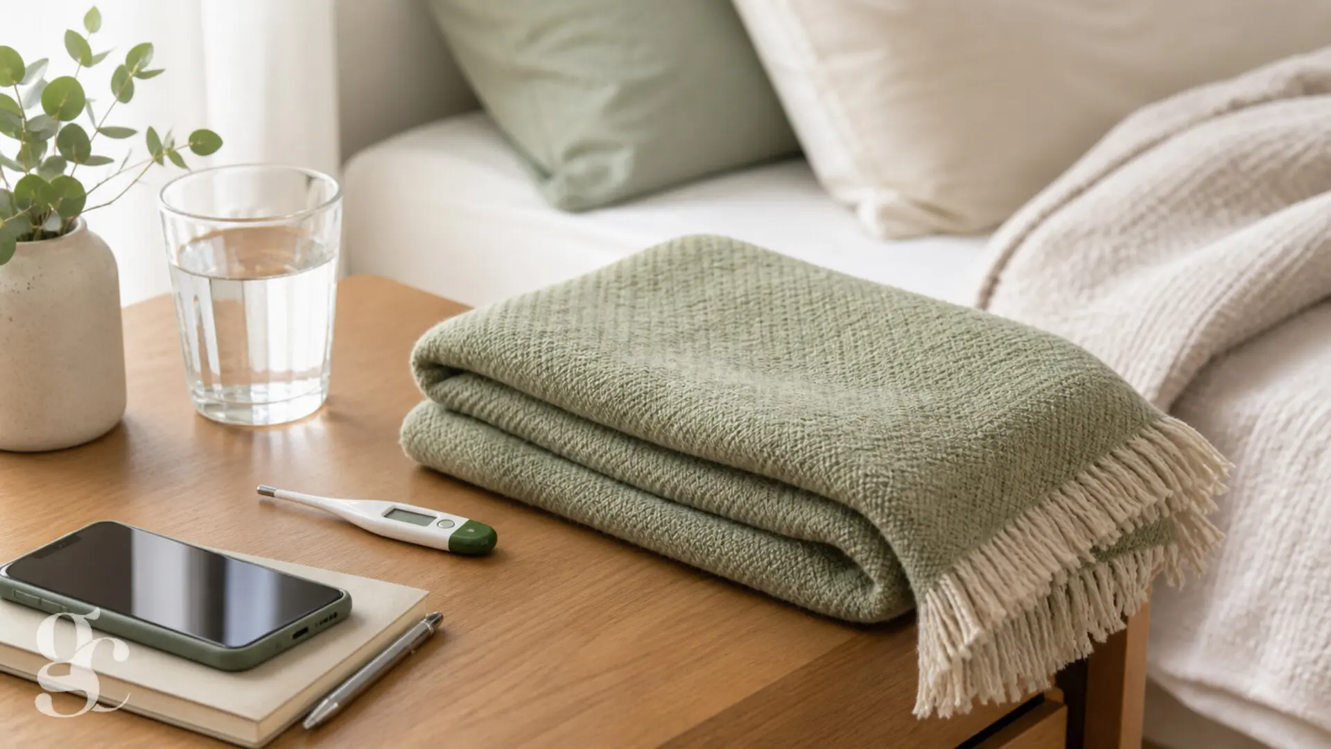Un thermomètre, une couverture légère et un téléphone préparés près du lit au retour à domicile