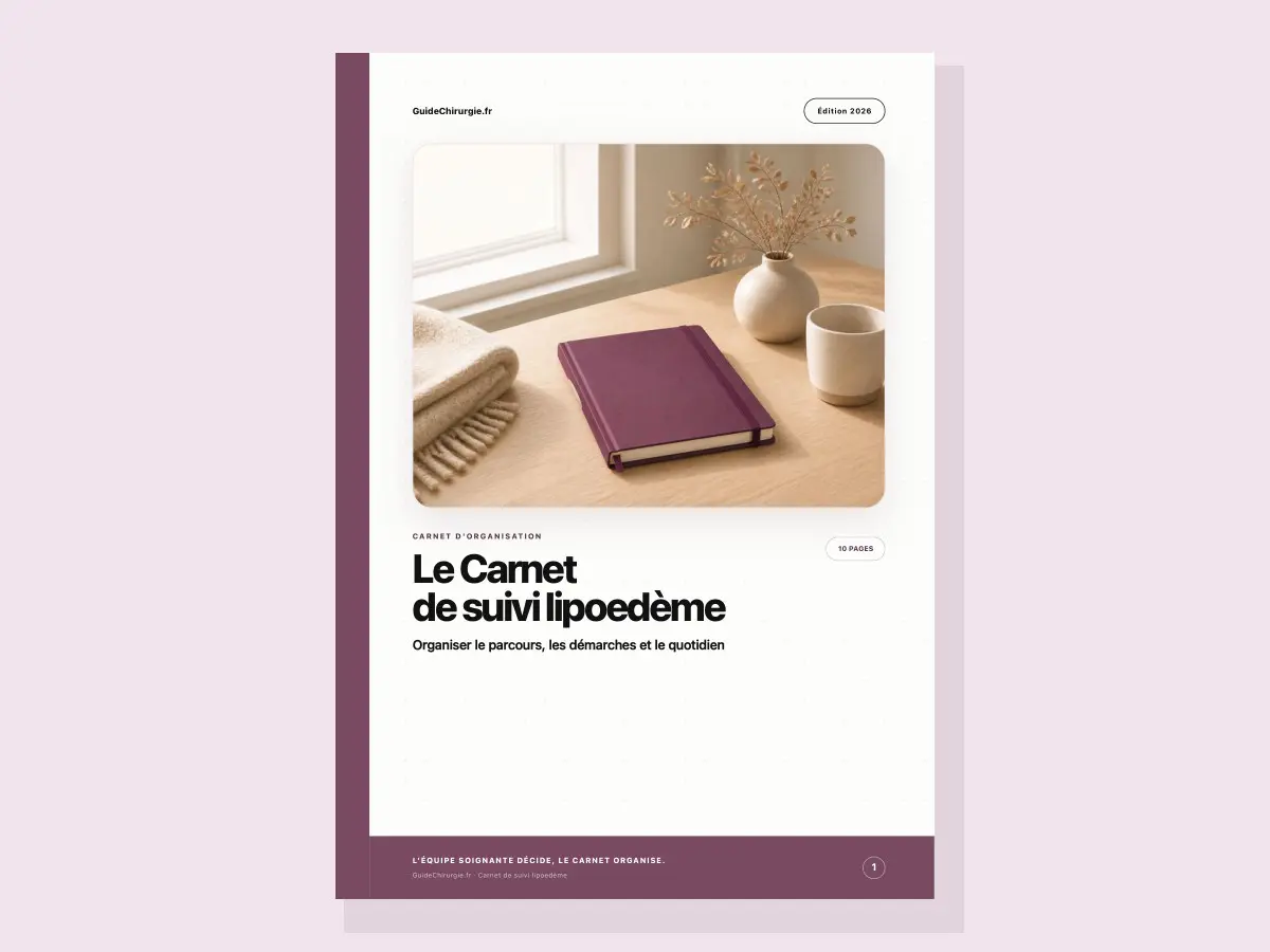 Carnet de suivi lipoedème prune sur un bureau en bois clair