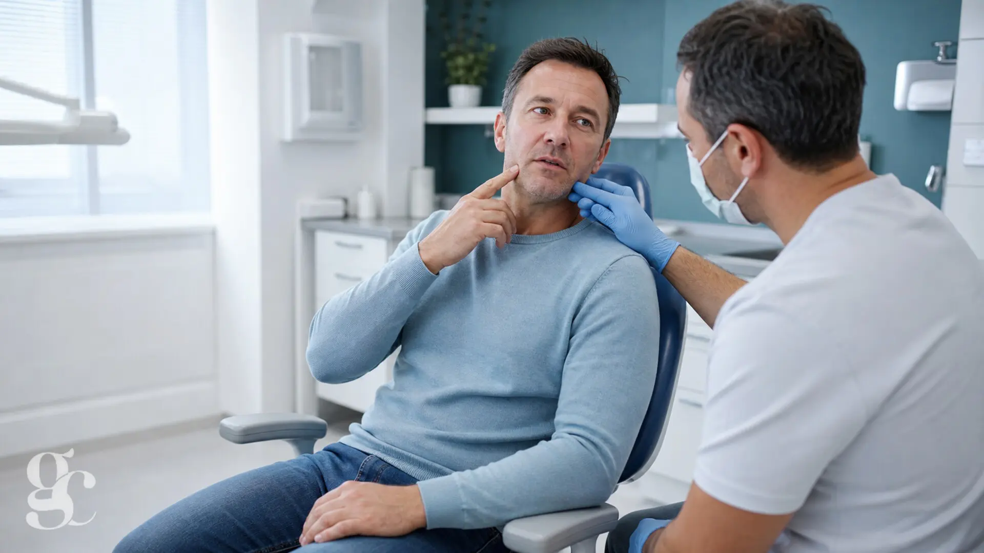 Un patient indique une gêne au niveau de la mâchoire à un chirurgien-dentiste avant une opération