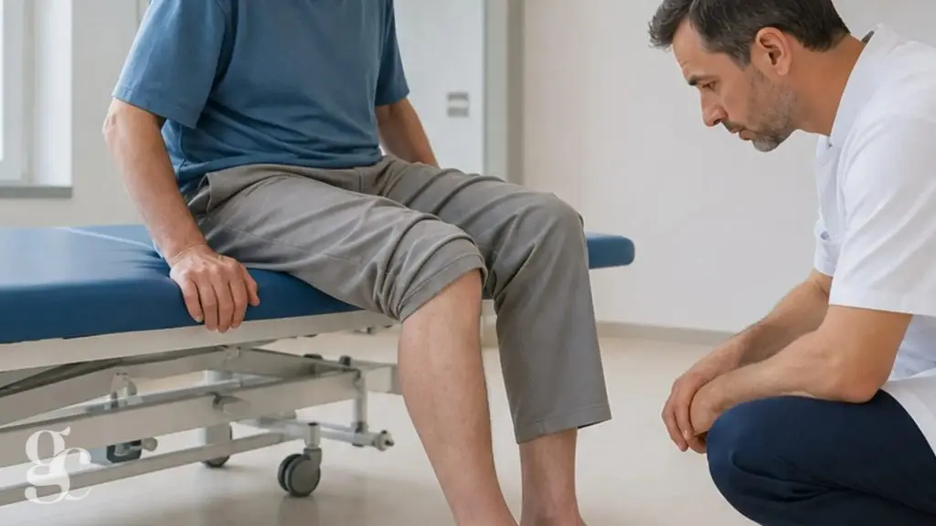 Une professionnelle examine une jambe après une opération sans poser de diagnostic visuel