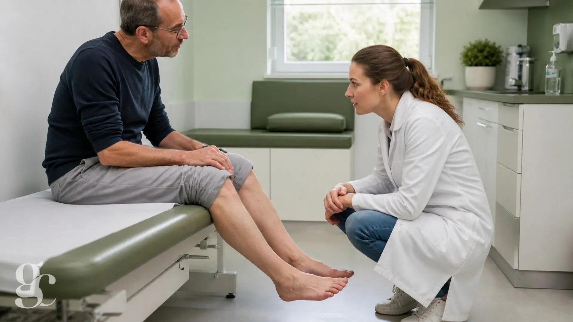 Une médecin examine les membres inférieurs d’un patient après une opération sans poser de diagnostic visuel