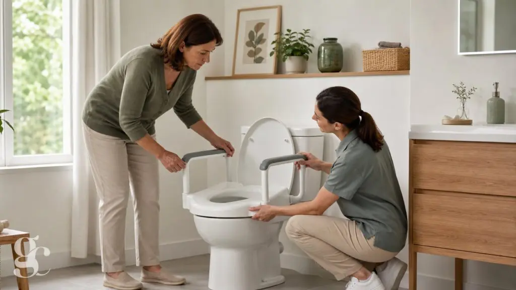 Deux personnes vérifient la stabilité d’un rehausseur de toilettes après une opération