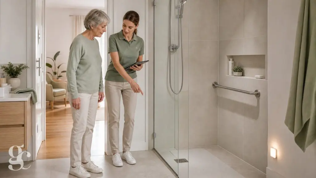 Une professionnelle vérifie les appuis et le sol d’une salle de bains après une opération