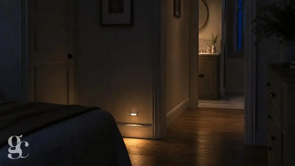 Un trajet nocturne est éclairé par une veilleuse à détecteur de mouvement