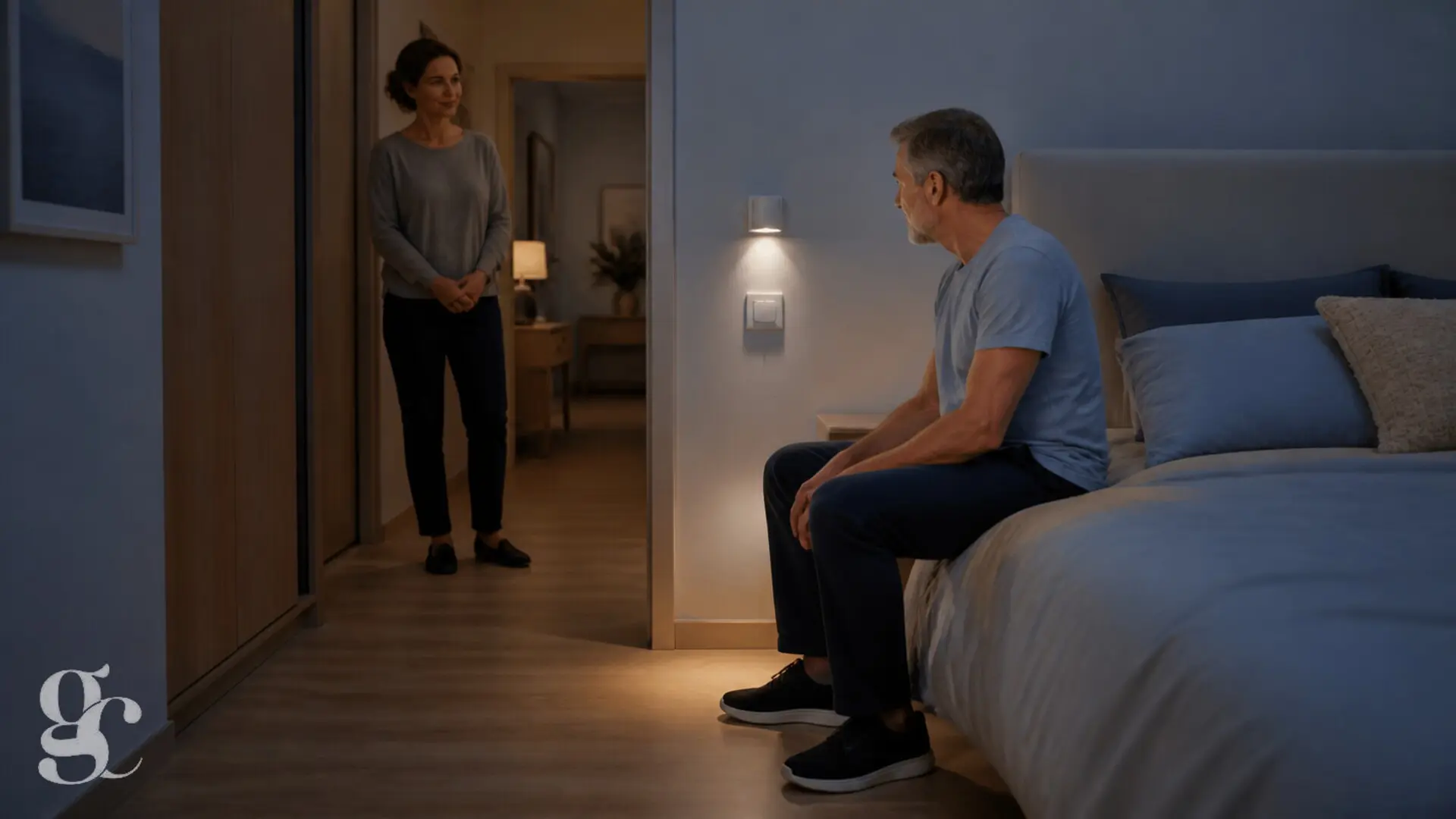 Une personne assise au bord du lit teste le déclenchement d’une veilleuse avec un proche