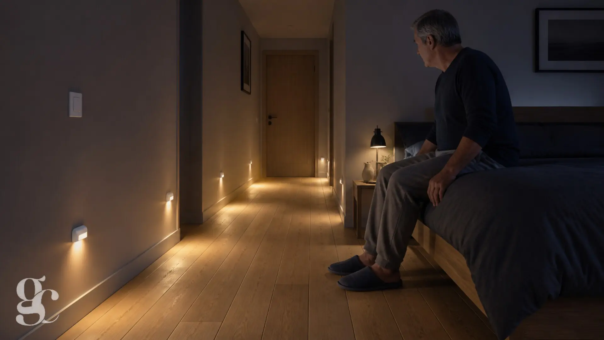Un trajet nocturne dégagé est éclairé au niveau du sol depuis le lit jusqu’à la porte