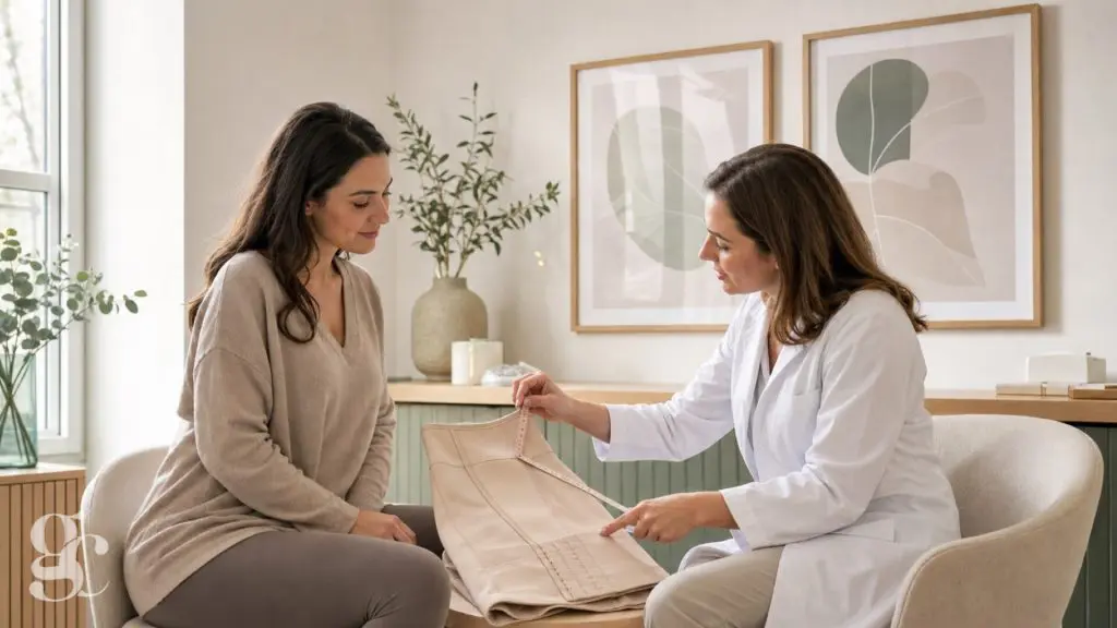 Une professionnelle présente un vêtement compressif à une patiente après une chirurgie esthétique