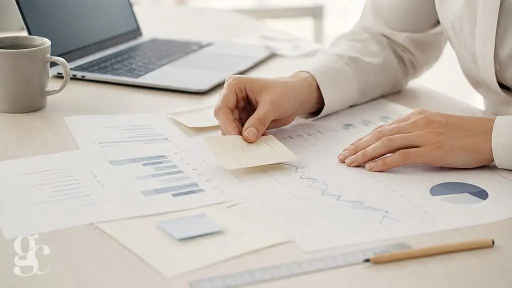 Un éditeur analyse des graphiques et des requêtes de recherche imprimés sur un bureau
