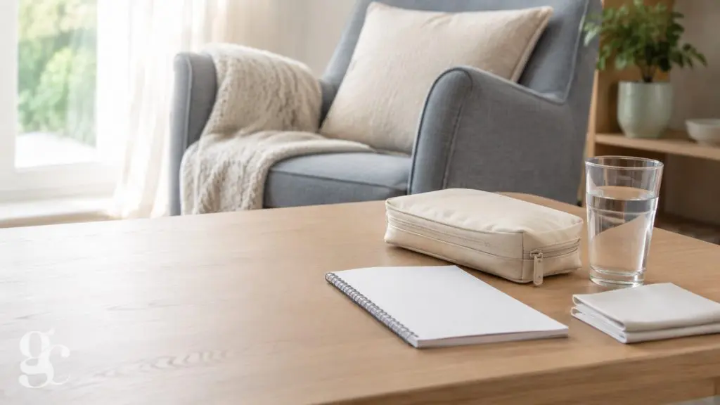 Un fauteuil préparé près d’une table avec un carnet, un verre d’eau et une trousse à domicile