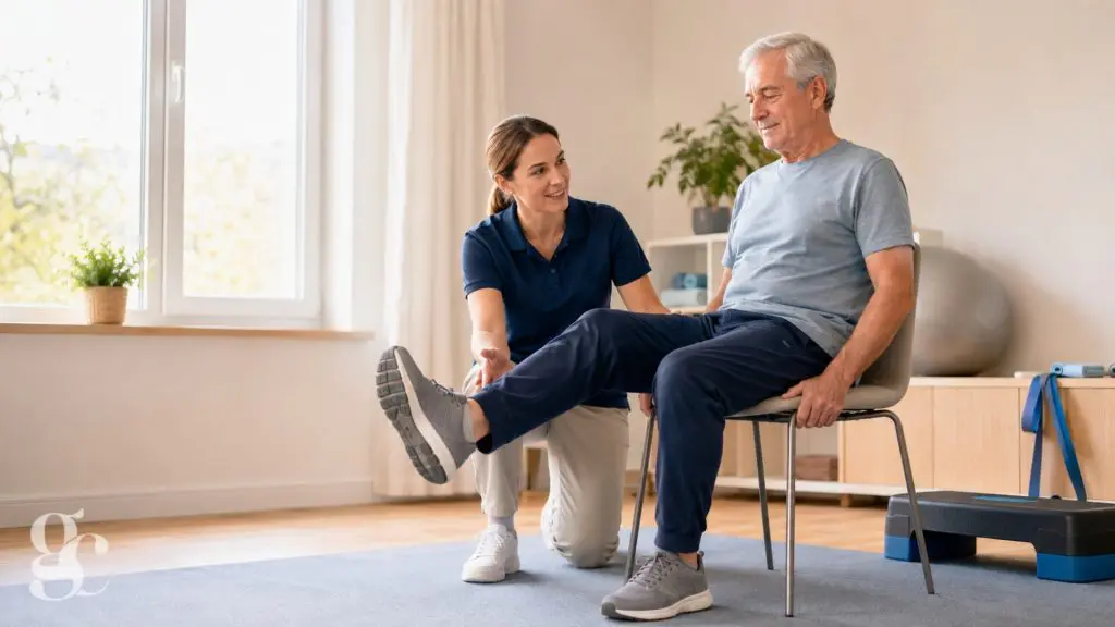 Une personne réalise un exercice doux du genou sous la supervision d’une kinésithérapeute