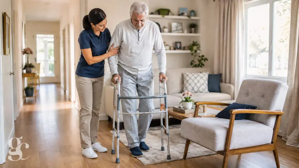 Une personne apprend à se déplacer prudemment avec un déambulateur sous supervision à domicile