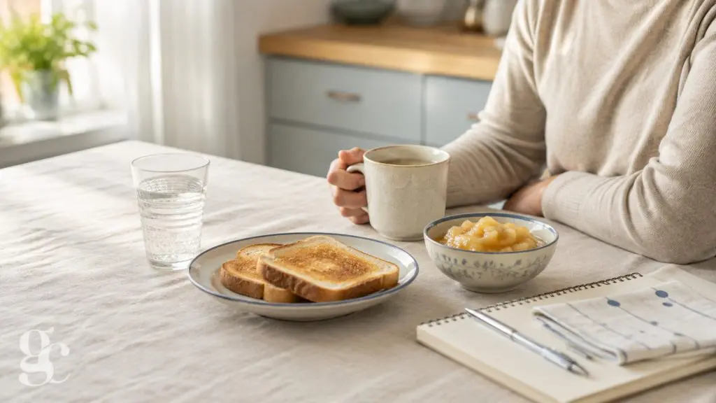 Un adulte prend un petit-déjeuner léger à domicile avec un carnet posé sur la table