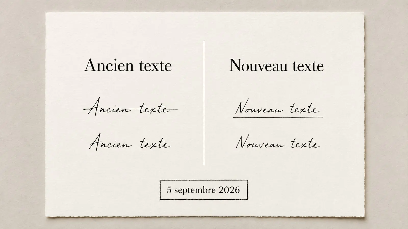 Registre sur papier comparant ancien texte et nouveau texte, daté du 5 septembre 2026.