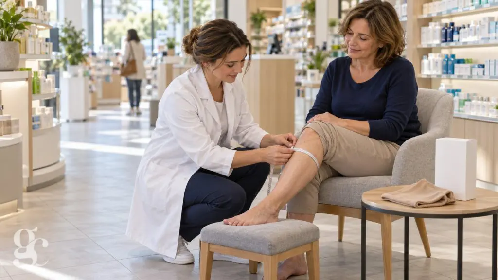 Une pharmacienne mesure le tour de mollet d’une patiente assise, avant de choisir la taille de ses bas de contention.