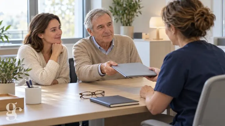 Un homme âgé, accompagné de sa fille, tend un dossier à l&rsquo;anesthésiste lors de la consultation